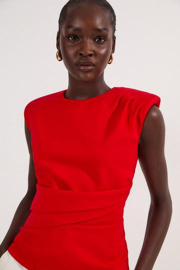 Red Ponte Ruched Waist Detail Round Neck Top