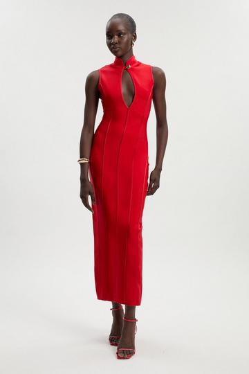 Red Petite Figure Form Bandage Sleeveless Pencil Knit Maxi Dress