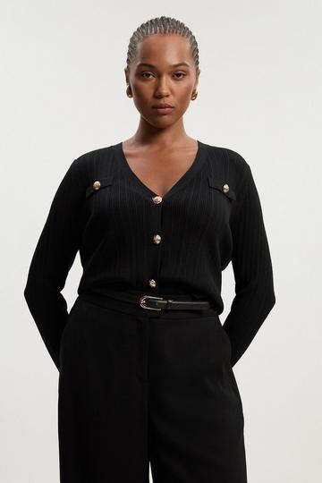 Plus Size Viscose Blend Dry Handle Rib Military Trim Cardigan black
