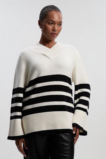 Plus Size Stripe V Neck Split Hem Knitted Jumper mono