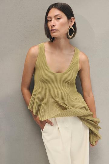 Viscose Blend Sleeveless Knitted Asymmetric Hem Top With Sparkle Sheer Detail chartreuse