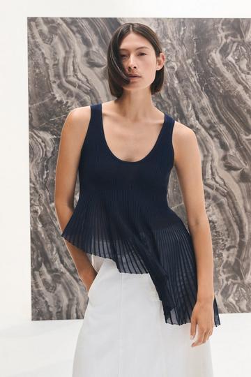 Navy Viscose Blend Sleeveless Knitted Asymmetric Hem Top With Sparkle Sheer Detail