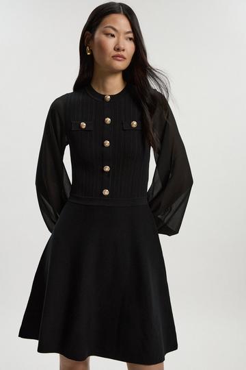 Black Viscose Blend Mini Knit Dress With Chiffon Sleeve Military Trim