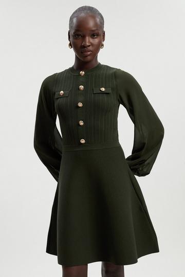 Viscose Blend Mini Knit Dress With Chiffon Sleeve Military Trim olive