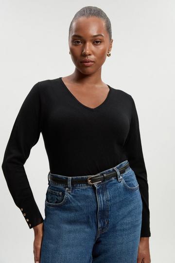 Black Plus Size Viscose Blend Knitted V Neck Jumper
