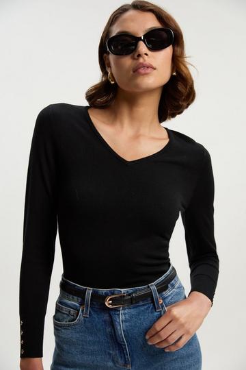 Black Viscose Blend Knitted V Neck Jumper