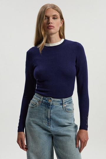Navy Viscose Blend Knitted Crew Neck Jumper