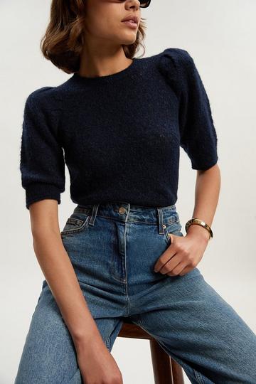 Mohair Blend Pointelle Knitted Tee navy