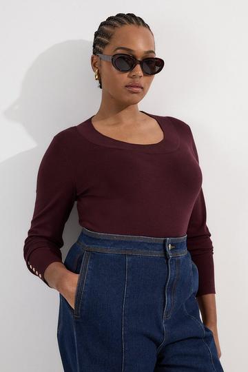 Plus Size Long Sleeve Scoop Neck Knitted Top burgundy