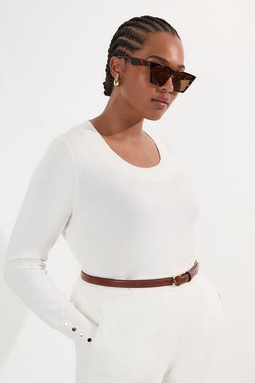Plus Size Long Sleeve Scoop Neck Knitted Top ivory