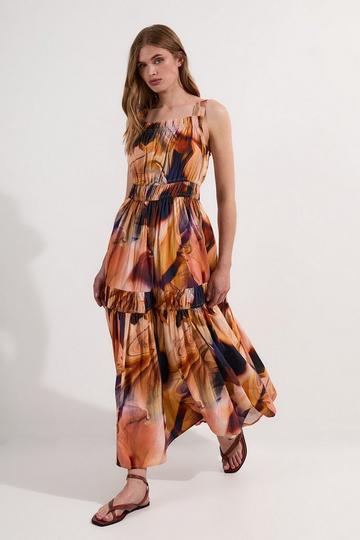 Petite Shirred Cotton Tiered Printed Woven Maxi Dress blue