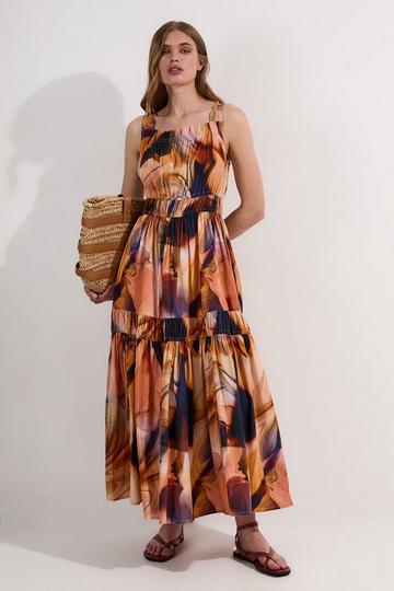 Shirred Cotton Tiered Printed Woven Maxi Dress blue