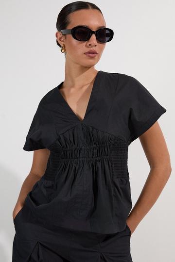 Black Shirred Cotton Woven Plunge Neck Short Sleeve Top