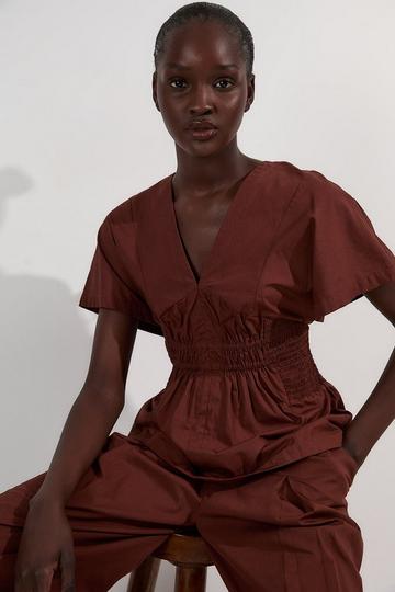 Shirred Cotton Woven Plunge Neck Short Sleeve Top chocolate