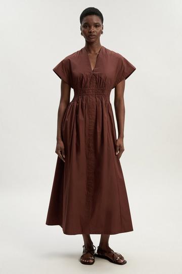 Shirred Cotton Woven Plunge Neck Short Sleeve Maxi Dress chocolate