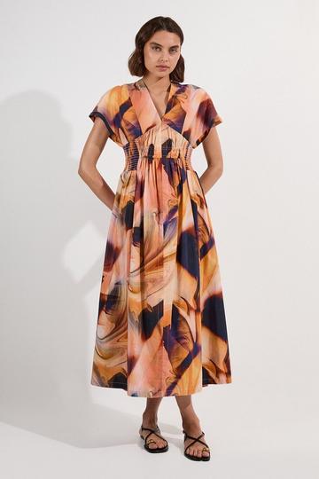 Shirred Cotton Printed Woven Plunge Neck Short Sleeve Maxi Dress blue
