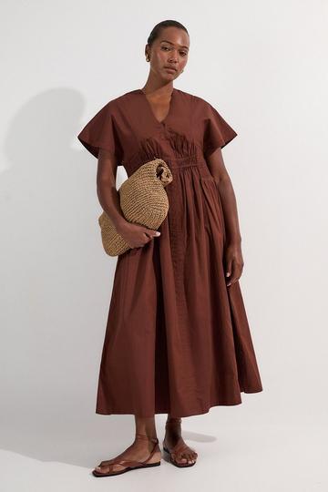 Plus Size Shirred Cotton Woven Plunge Neck Short Sleeve Maxi Dress chocolate