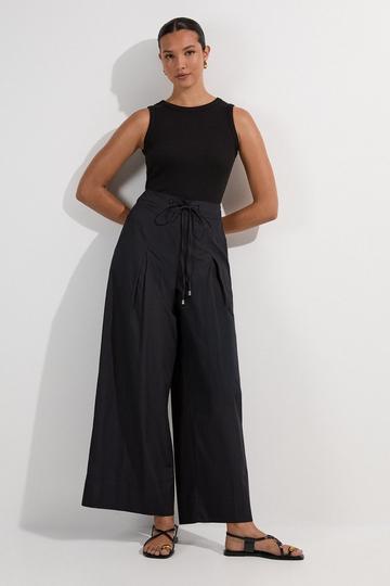Shirred Cotton Wide Leg Woven Trouser black