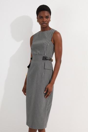 Petite Jacquard Tab Waist Detail Tailored Midi Dress black