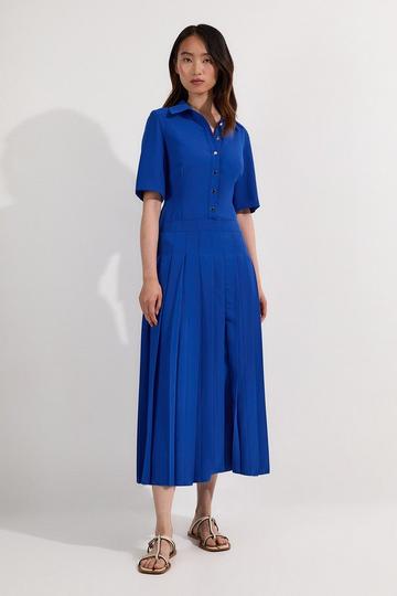 Petite Tailored Crepe Long Sleeve Pleated Shirt Dress cobalt