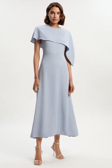 Blue Soft Tailored Cape Detail Tailored Midi Dress