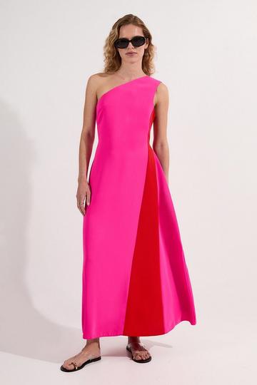 Soft Tailored Asymmetric Neck Full Skirted Tailored Midi Dress hot pink