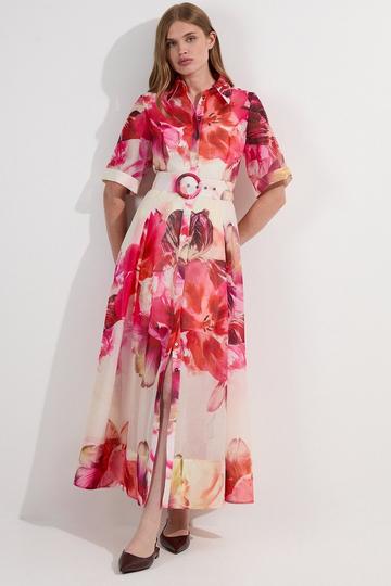 Floral Organdie Woven Midi Shirt Dress floral