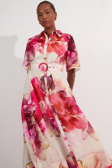 Plus Size Floral Organdie Woven Midi Shirt Dress floral