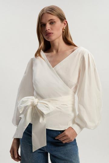 White Cotton Poplin Cold Shoulder Woven Wrap Detail Blouse