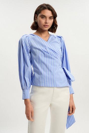 Blue Stripe Cotton Poplin Cold Shoulder Woven Wrap Detail Blouse