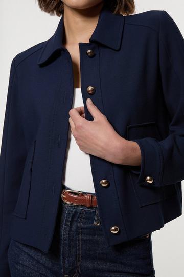 Navy Compact Stretch Button Front Tailored Jacket