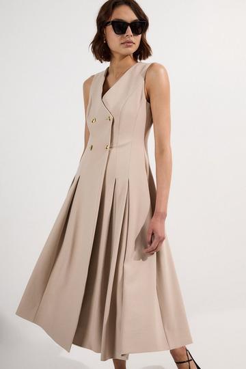 Compact Stretch Sleeveless Full Skirted Button Front Tailored Midi Dress stone