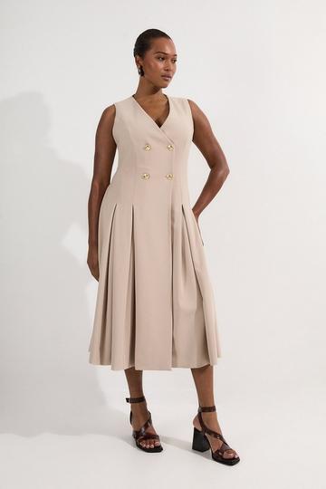 Plus Size Compact Stretch Sleeveless Full Skirted Button Front Tailored Midi Dress stone
