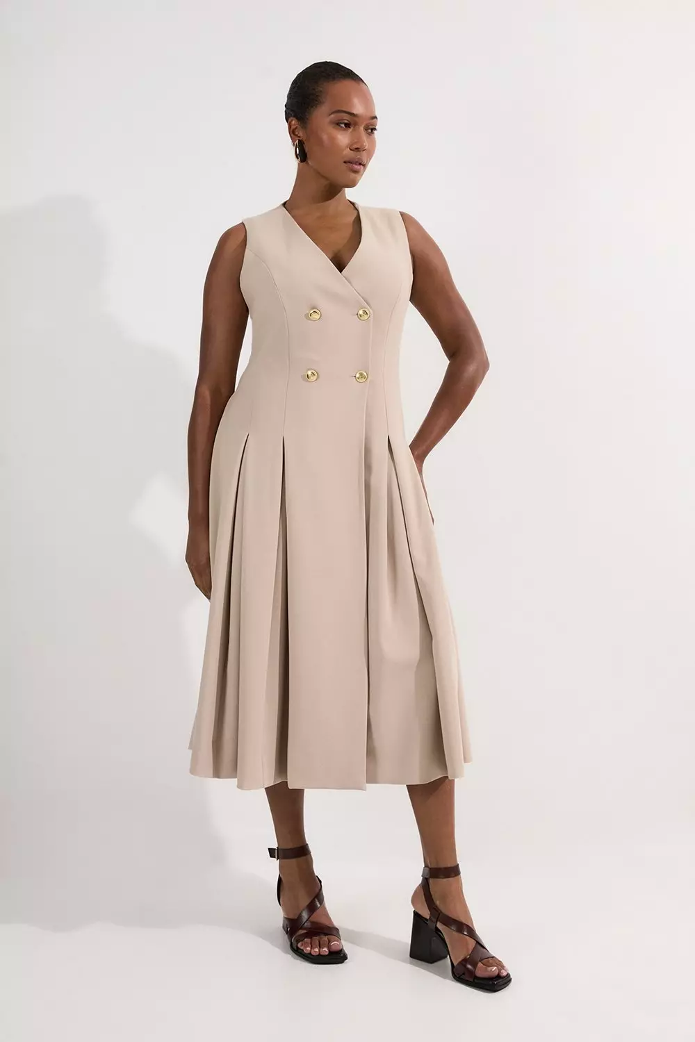 Stone Plus Size Compact Stretch Sleeveless Full Skirted Button Front Tailored Midi Dress alternative image