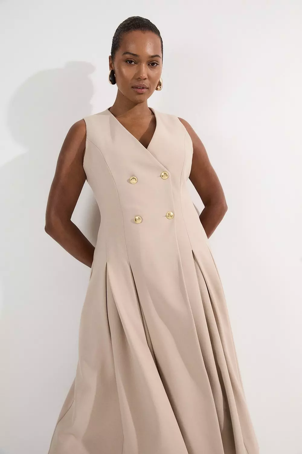 Stone Plus Size Compact Stretch Sleeveless Full Skirted Button Front Tailored Midi Dress alternative image