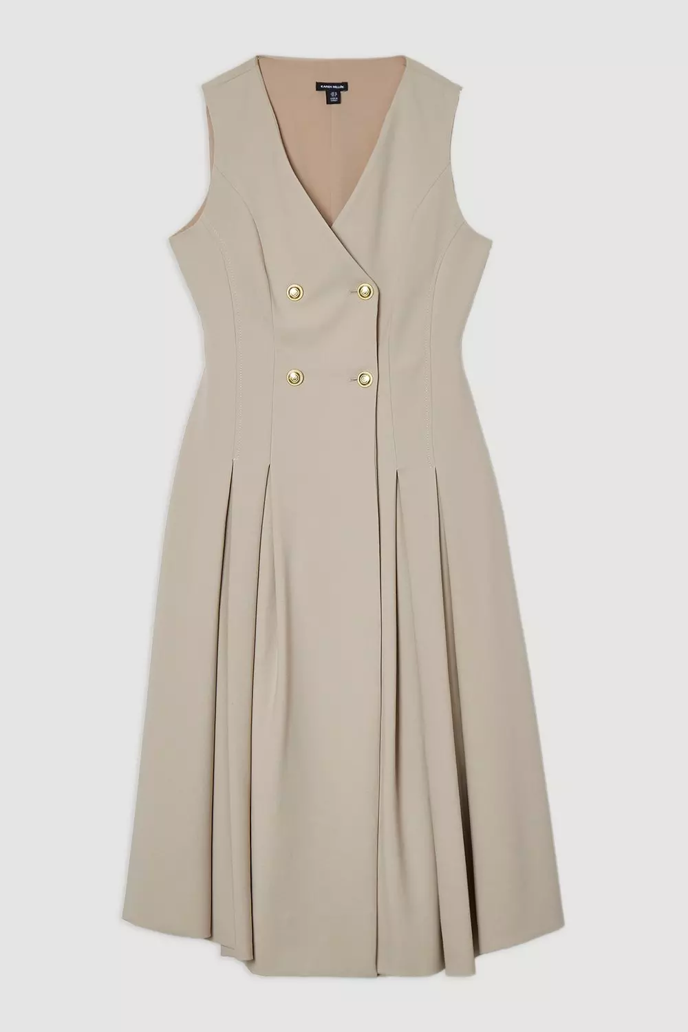 Stone Plus Size Compact Stretch Sleeveless Full Skirted Button Front Tailored Midi Dress alternative image