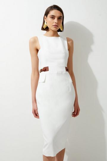 Premium Tailored Linen Tab Waist Pencil Midi Dress ivory