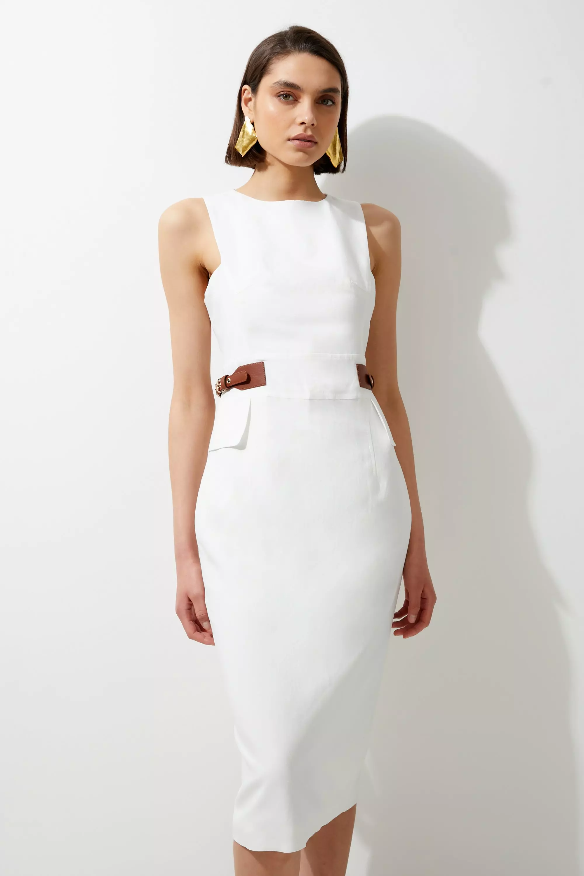 関送込【KAREN MILLEN】プレミアムリネンピンタックミディドレス Tailored Ruching Detail Long Sleeve Midi Dress | Karen Millen