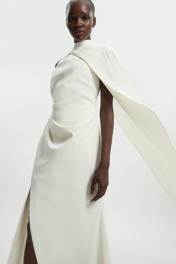 Soft Tailored One Shoulder Cape Sleeve Maxi Dress ivory