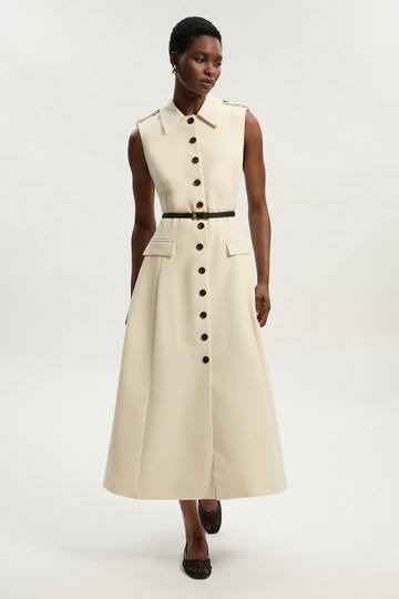 Tailored Crepe Sleeveless Button Front Tailored Shirt Midi Dress ivory