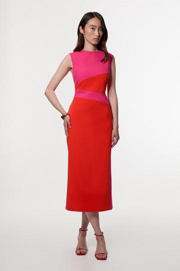 Pink Compact Stretch Colourblock Tailored Pencil Dress