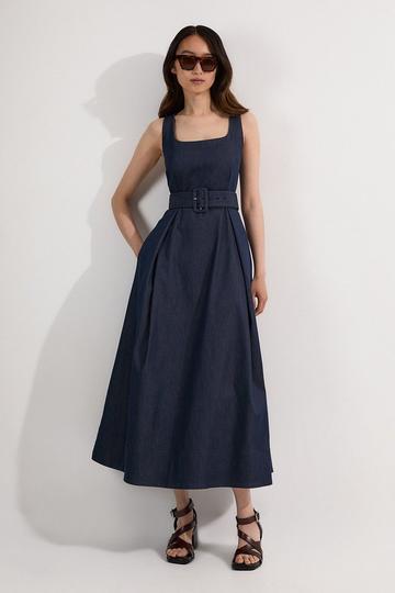 Tailored Denim Full Skirt Midi Dress indigo
