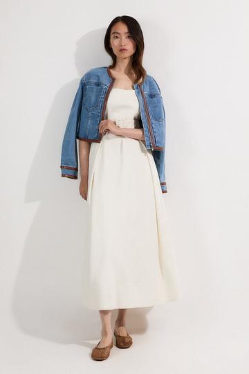 Tailored Denim Full Skirt Midi Dress ivory