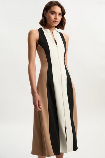 Compact Stretch Zip Through Colourblock Tailored Midi Dress camel