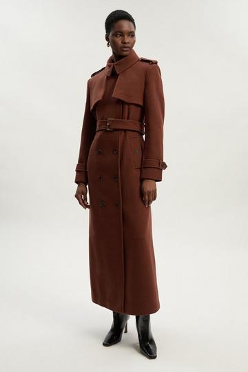 Wool Pu Mix Tailored Belted Trench Maxi Coat toffee