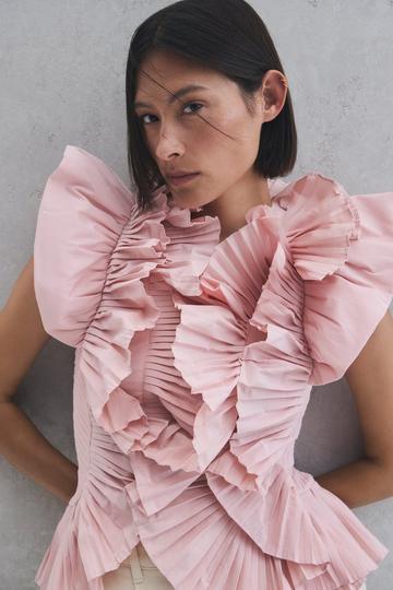 Petite Pleated Ruffle Sleeve Woven Top blush