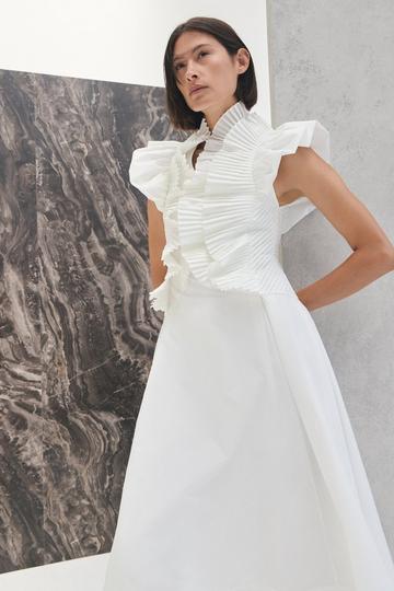 Pleated Ruffle Sleeve Woven Maxi Dress ivory