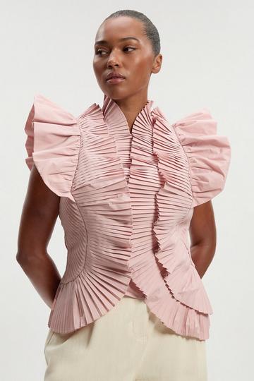 Plus Size Pleated Ruffle Sleeve Woven Top blush