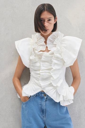 Pleated Ruffle Sleeve Woven Top ivory