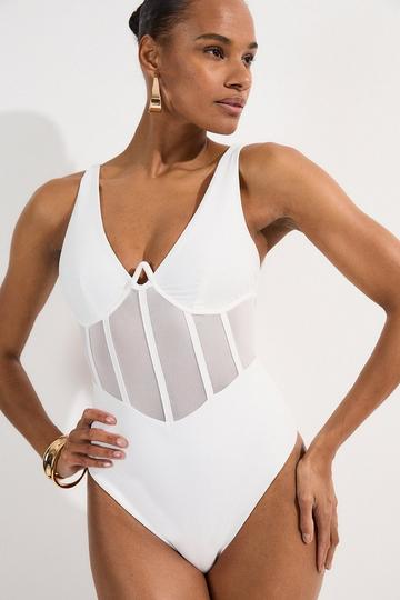White Tall Panelled Mesh Cup Detail Swimsuit